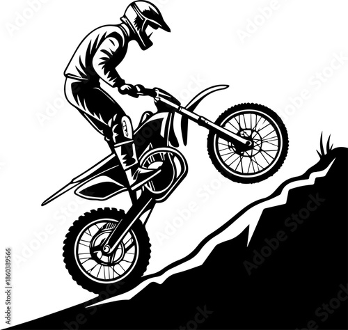 Motorcross Rider Performing Wheelie on Hill - Extreme Dirt Bike Sports Vector Illustration