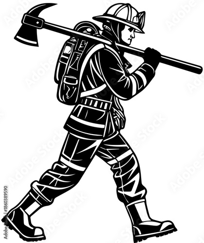Firefighter Walking with Axe and Gear - Emergency Service Hero and Rescue Concept