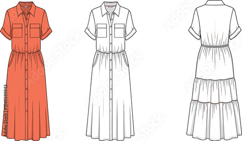 Women button front shirt maxi dress technical flat sketch, short sleeves, pocket details, front and back view, vector illustration