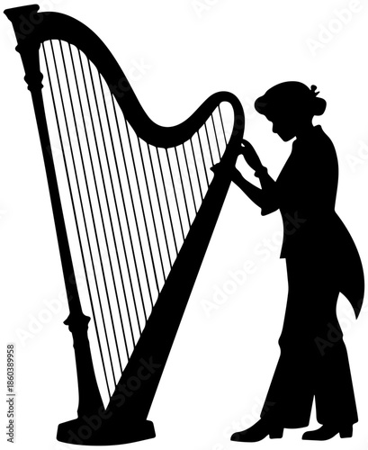 Harpist Silhouette Playing Classical Harp – Black and White Music Illustration