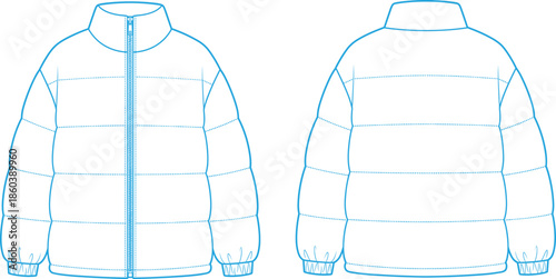 Technical line art illustration of a padded puffer jacket showing front and back views for winter apparel and fashion design