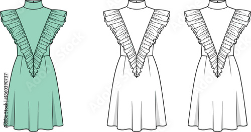 Women high neck ruffle mini dress technical flat sketch, sleeveless design, deep V frill bodice, front and back views