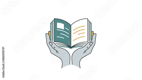 Gentle Hands Holding an Open Book with Lines of Text, Education and Literacy Concept, Isolated White Background.