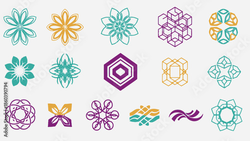 Set of Colorful Geometric Floral and Abstract Patterns, Elegant Mandalas, in Bright Studio.