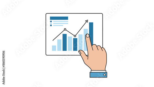 Hand pointing at a rising bar graph on a digital screen, symbolizing business growth and data analysis on isolated white background.