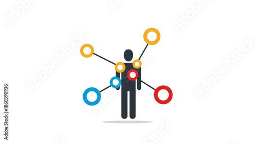 Person Icon Connected to Various Colorful Circles Representing Social Network and Community on Isolated White Background