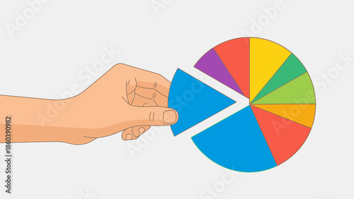 Human Hand Taking a Slice from a Colorful Pie Chart Representing Data Distribution on a Bright Studio Background