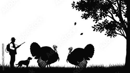 Silhouette of a hunter with a shotgun and dog approaching two wild turkeys in a grassy field under a tree