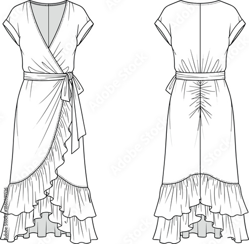 Women short sleeve wrap midi dress technical flat sketch, ruffle hem detail, tied waist, front and back views