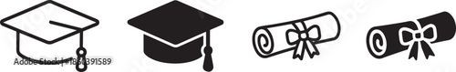 Silhouette graduation cap and diploma icon set in black, clean education symbols for design.
