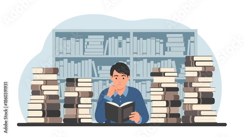 Person Contemplating While Reading in a Library Surrounded by Stacks of Books