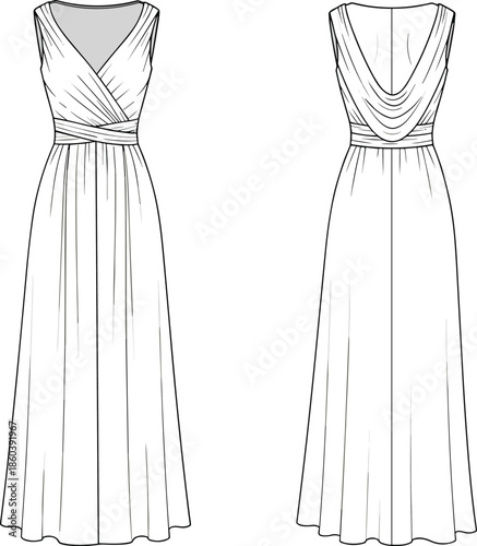 Women sleeveless wrap maxi dress technical flat sketch, draped back detail, front and back view, elegant vector illustration