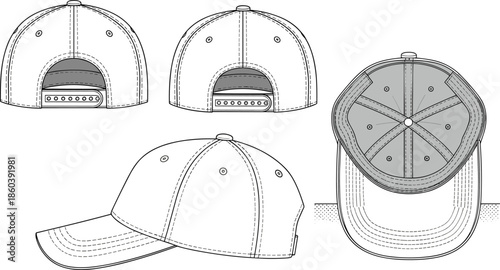 Technical line art illustration of a snapback baseball cap featuring side back and top views for apparel fashion headwear design