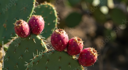 Closeup of several vibrant red prickly pear fruits thriving on a hardy cactus pad under intense sunshine in a dry landscape, heat, organic, green