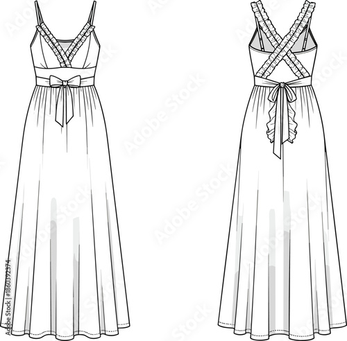 Women spaghetti strap lace trim maxi dress technical flat sketch, crossed back bow detail, front and back views, vector illustration