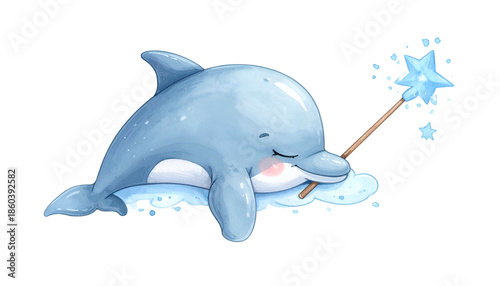 Adorable watercolor-style dolphin sleeps on a cloud, holding a star wand