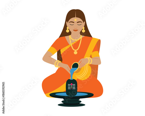 Woman pouring water from a clay pot for puja ceremony