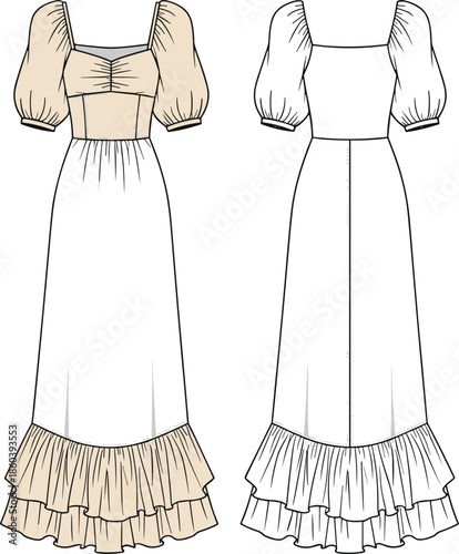 Women square neck puff sleeve maxi dress technical flat sketch, fitted bodice, ruffle hem detail, front and back views