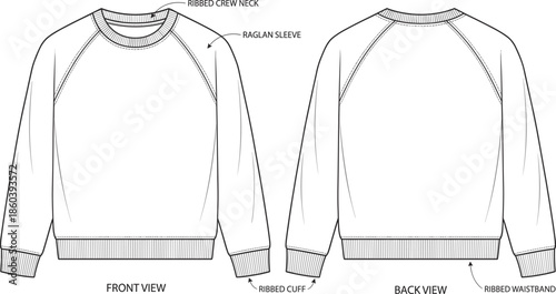 Technical line art illustration of a raglan sleeve sweatshirt featuring front and back views with ribbed cuffs and crew neck