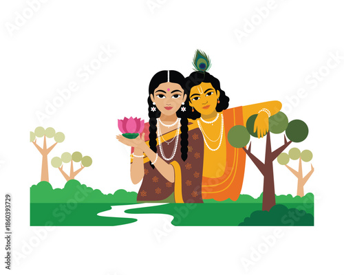 Hindu deities krishna and radha standing together in a natural setting