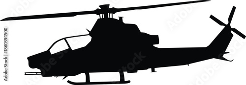 Attack helicopter silhouette isolated on white background showing modern military combat aircraft profile for aviation defense security concepts