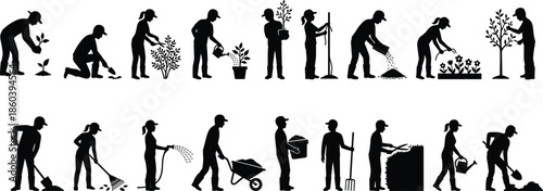Gardening and landscaping silhouettes set showing planting watering digging and garden maintenance activities for agriculture nature and outdoor work concepts