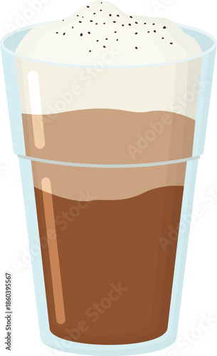 Glass of macchiato coffee drink isolated on white. Illustration of latte in transparent cup and topped with milk foam