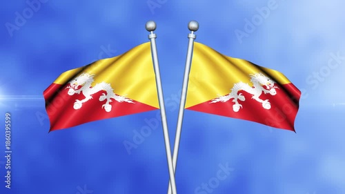 Bhutan Crossed Flags Waving in Blue Sky Loop Animation | Realistic 3D National Flag Background