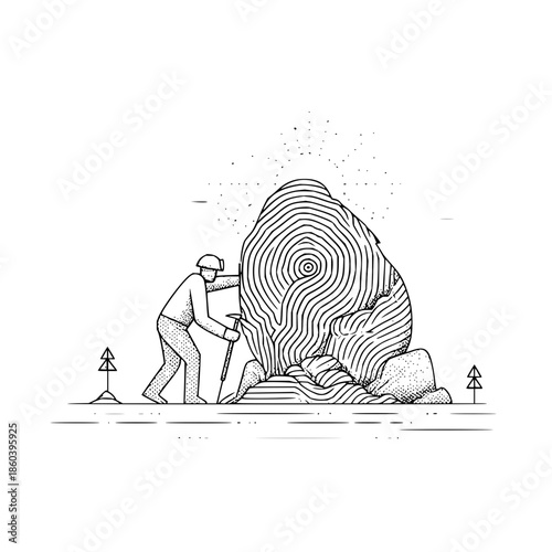 Illustration of miner working on stone carving with pickaxe in nature landscape artwork vector design