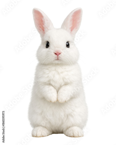 Cute white rabbit standing upright with front paws held together, soft fluffy fur, pink ears, and gentle expression. Centered studio composition isolated on white background, transparent