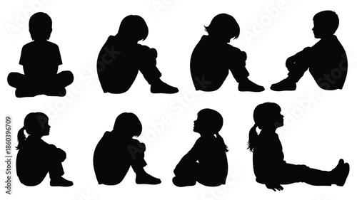Group of children in various poses a striking black silhouette