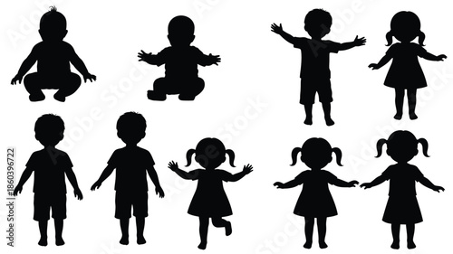 A collection of black silhouettes depicting various playful children s poses silhouette