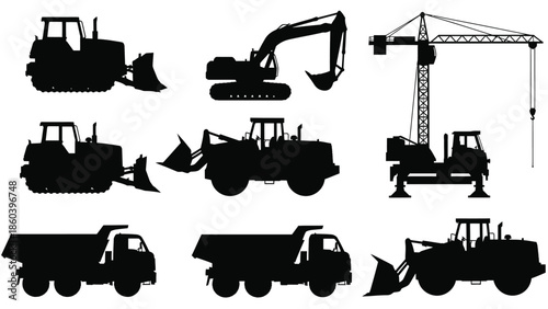 Construction machinery vector illustration depicting various heavy equipment silhouette