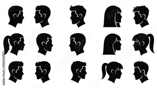 Diverse collection of human head profiles in a striking black silhouette