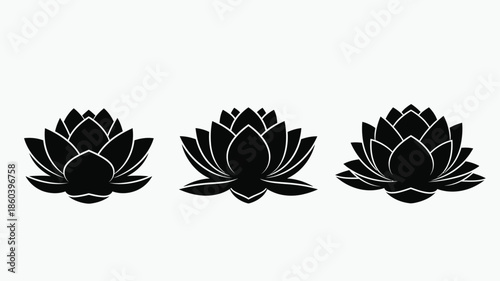 Three elegant lotus flower designs in striking black silhouette