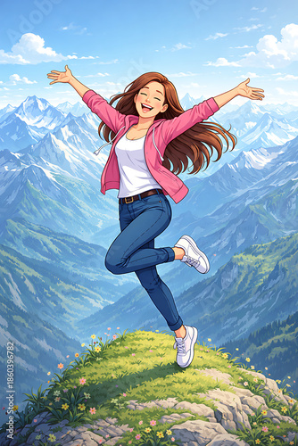 Joyful girl jumping in mountain landscape