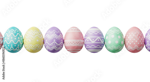 a horizontal row of eight shadowless, watercolor pastel easter eggs with intricate white enamel patterns, studio flat lay on a solid transparent background, clean commercial design element concept