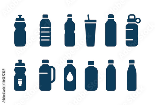 Water bottle silhouette icons set. featuring reusable, plastic, sports, travel, lid, straw, and insulated designs