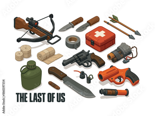 Survival gear flat icon set. featuring guns, bandages, knife, canteen, arrows, and crossbow symbols