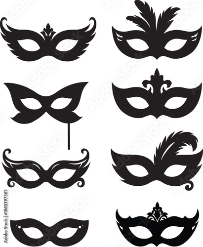 Silhouette of black masquerade mask with ornament in vector isolated style. Masks in mysterious model for cartoon, asset, fashion, clip art, festival