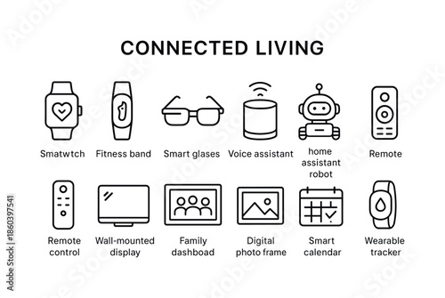 Connected living linear icon set. featuring smartwatch, fitness band, smart glasses, voice assistant, and home assistant