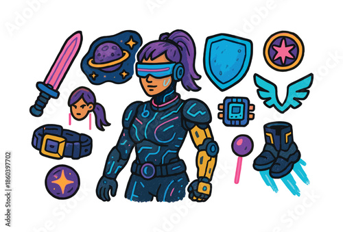 Space warrior flat icon set. featuring astronaut, sword, shield, wings, boots, and circuit symbols