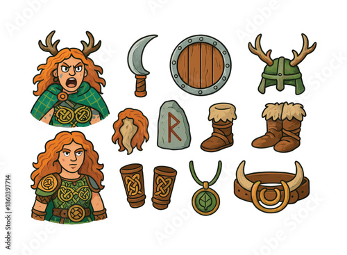 Viking accessories flat icon set. featuring warrior, shield, helmet, boots, horn, and axe symbols
