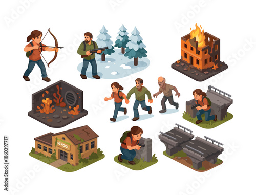 Adventure silhouette icons set. featuring archery, survival, shooting, exploration, zombie, and ruins.