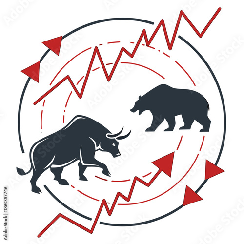 A visual representation of a dynamic financial market featuring a bull a bear and fluctuating trend lines