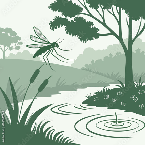 A serene landscape depicts a dragonfly hovering above a calm stream amidst lush greenery and trees