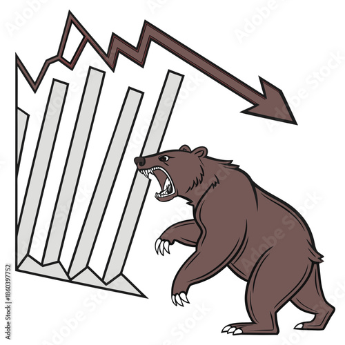 A bear market is illustrated with a declining chart and a roaring bear representing financial downturn and economic instability