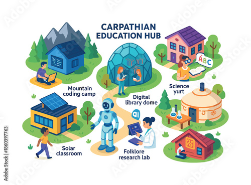 Education hub flat icon set. includes coding camp, library dome, yurt, solar classroom, robot, research lab