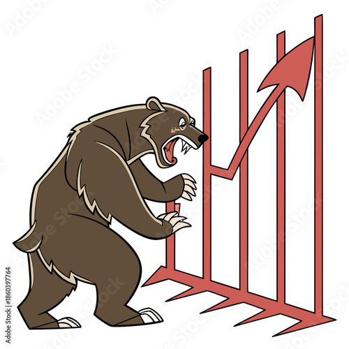 A cartoon bear attempts to push up a declining stock market graph with a determined and struggling expression