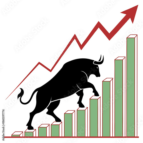 A silhouette of a bull confidently climbing a rising graph over ascending bar chart columns symbolizing market growth